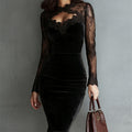 Women's Solid Color Sexy Lace Trim Bodycon Midi Dress, Long Sleeve Party Dress For Spring Autumn Evenings